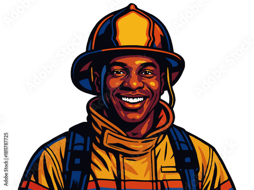 cheerful man firefighter wearing a yellow helmet and protective gear, symbolizing bravery and service. Generative ai vector colorful pop art illustration.