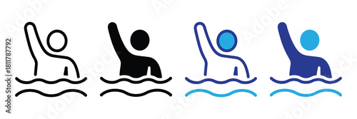 Diverse swimmer icons: line art, silhouette, and colored versions depict person swimming freestyle stroke in water, isolated on white