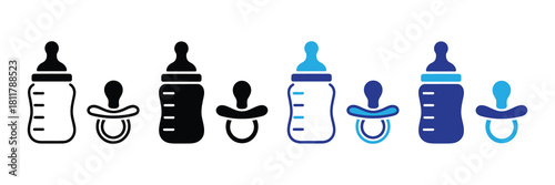 Collection of baby bottle and pacifier icons in various styles and colors, representing infant feeding and soothing essentials for design use.