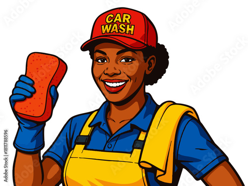 cheerful car wash employee holding a sponge, perfect for service, cleaning, and business themes. Generative ai vector colorful pop art illustration.