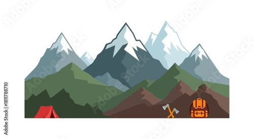 Scenic Mountain Landscape Adventure with Camping Equipment and Mountain Views