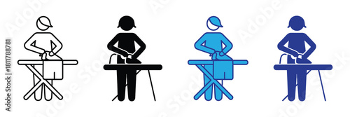 Set of 4 icons depicting a person ironing clothes on an ironing board, in outline, solid black, and two shades of blue styles