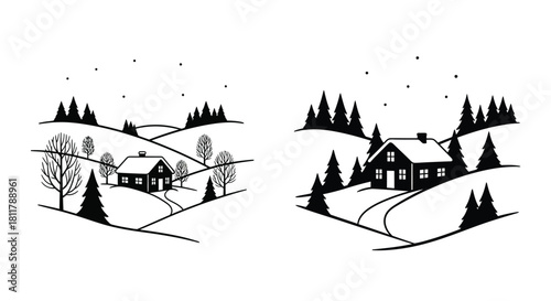 Winter landscape with houses and trees a simple black and white illustration