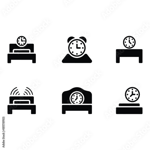 Collection of simple black and white icons representing alarm clocks and beds