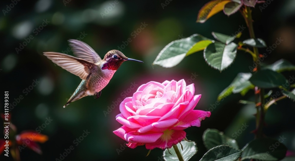 Fototapeta premium Hummingbird hovers near pink rose, blurred green foliage background