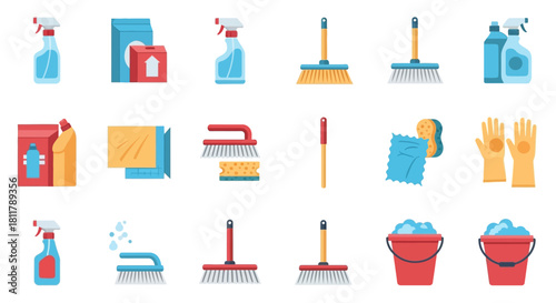 Variety of essential household cleaning supplies and equipment for effective home sanitation and maintenance tasks