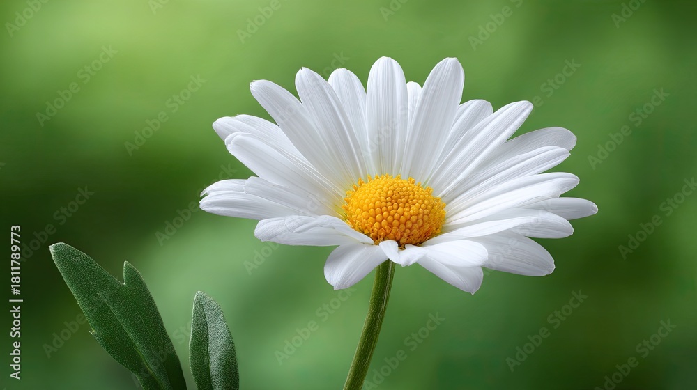Fototapeta premium Close-Up of a Beautiful Single White Daisy Flower with Yellow Center and Green Leaves on an Out-of-Focus Natural Background in Bright Daylight