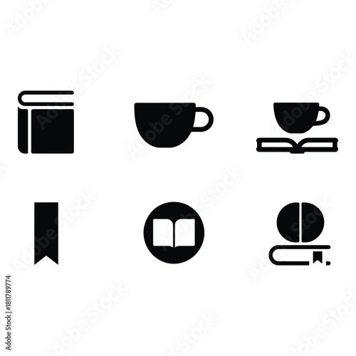 Collection of simple black icons representing books coffee cups and bookmarks