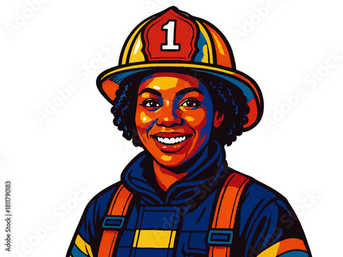 cheerful woman firefighter wearing a yellow helmet and protective gear, symbolizing bravery and service. Generative ai vector colorful pop art illustration.