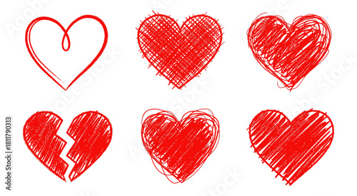 Collection of six hand-drawn red heart designs symbolizing love and romance diverse expressions