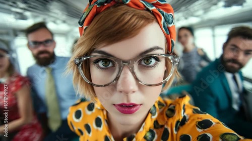 Brightly dressed woman with glasses posing for a selfie among friends in a modern setting while traveling on a bus