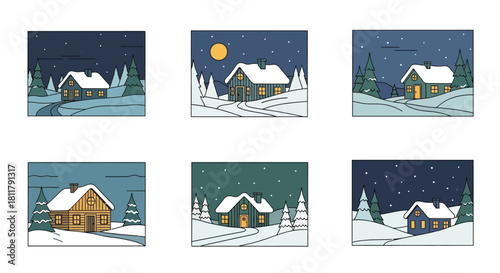 Charming winter scenes depict cozy cabins nestled in snowy landscapes