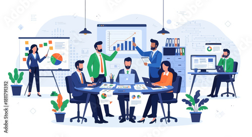 collaborative business meeting with data analysis and team strategies