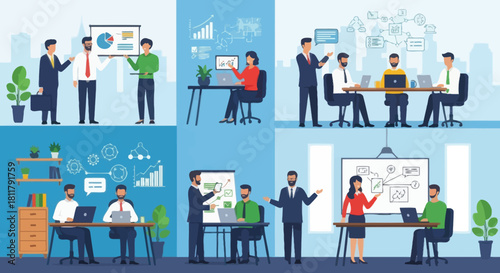 collaborative team discussion and presentation in modern office