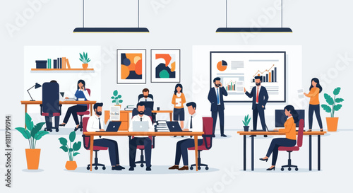 Modern office environment with collaborative teamwork and