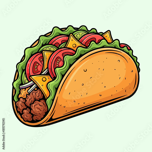 Cartoon illustration of a taco with meat, lettuce, tomatoes, and cheese.