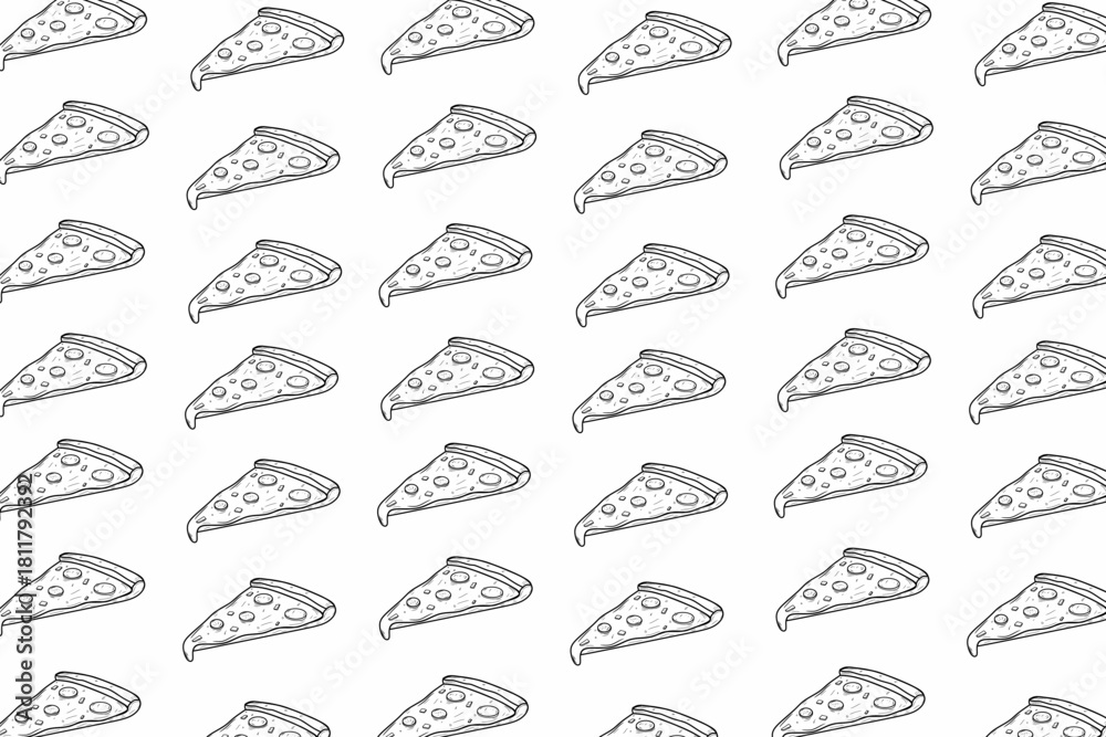 Naklejka premium Seamless pattern of pizza slices in clean line art style, arranged in a playful repetitive layout for food packaging, backgrounds, and snack-themed designs.