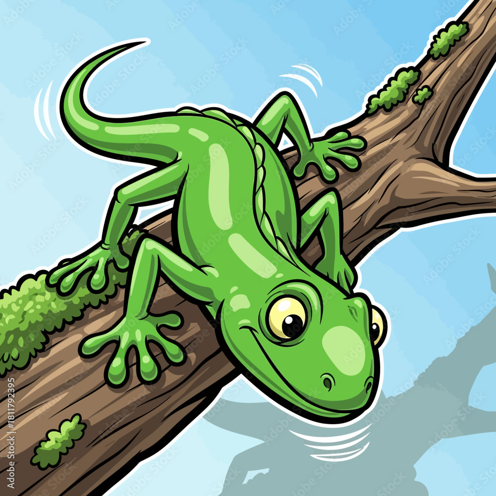 Fototapeta premium Cartoon illustration of a bright green lizard climbing a tree branch.