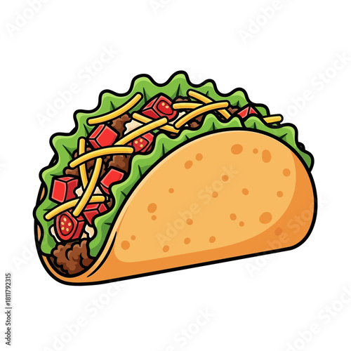 Cartoon taco with lettuce, meat, cheese, and tomatoes.