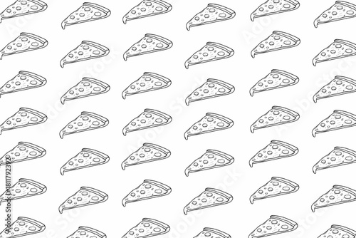 Seamless pattern of pizza slices in clean line art style, arranged in a playful repetitive layout for food packaging, backgrounds, and snack-themed designs.