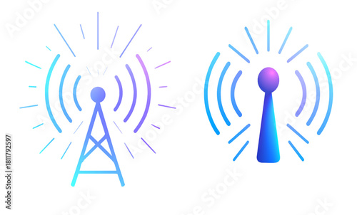 Telecommunication Tower and Wireless Signal Icons Set – Modern Network Technology.