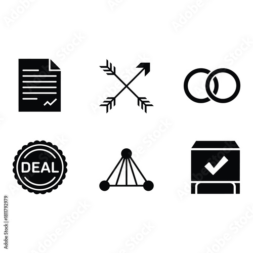 Collection of six black and white icons representing business and success