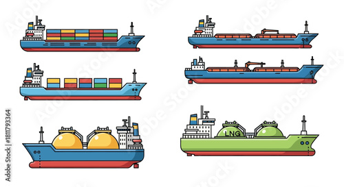 Illustration of various cargo ships including container tanker and gas carriers