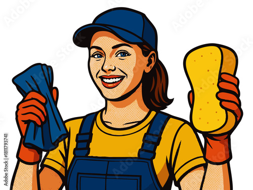 cheerful car wash employee holding a sponge, perfect for service, cleaning, and business themes. Generative ai vector colorful pop art illustration.