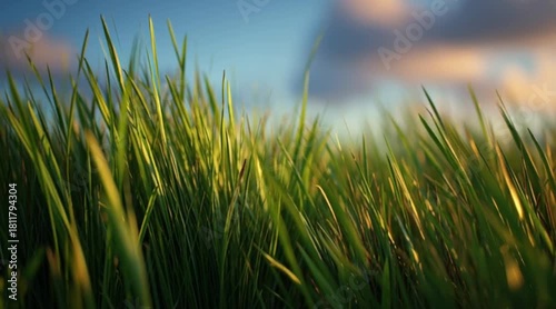 Gentle breeze rustling through vibrant green grass against a soft blue sky creating a serene natural scene perfect for summer promotions