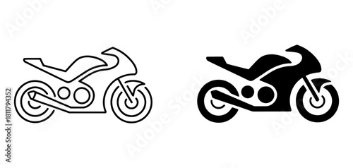 Sports motorcycle line art and solid black silhouette icon set, representing speed, transport, and modern racing vehicles, isolated for versatile design use
