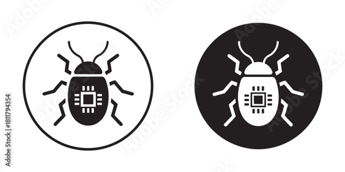 Cybersecurity threat icon set depicting a computer bug with an integrated circuit, representing malware, virus, software error, or system vulnerability