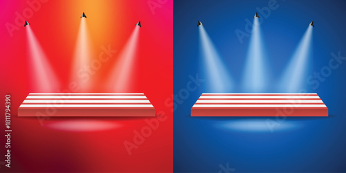 Dynamic red and blue gradient stages with striped platforms, bright spotlights creating empty display areas for products.