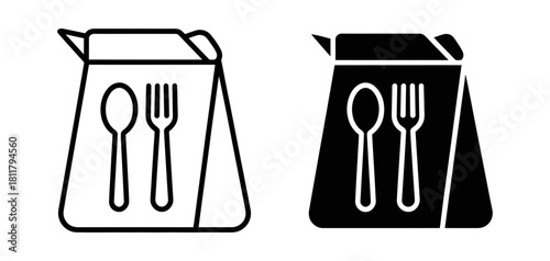 Takeout food delivery bag with disposable spoon and fork vector icon set representing convenient meal packaging and restaurant service