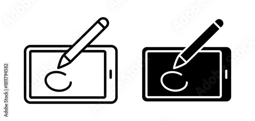 Digital tablet and stylus pen icon set, showcasing drawing or writing on a mobile device screen for creative and business use.