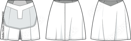 Skirt, skort, pleated, fashion, flat, CAD, vector, technical, apparel, garment, template, outline, design, illustration, sewing, pattern, front, back, detail, styling