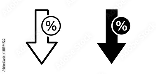 Percentage down arrow icon sets, outline and solid styles. perfect for illustrating discount, sale, price reduction, interest rate decrease, financial decline.