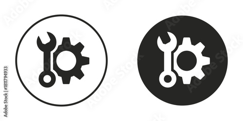 Settings and tools icon set depicting a wrench and gear symbol, useful for digital interfaces, system configurations, and technical support.