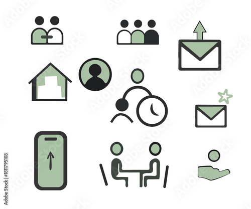 Minimalist Teamwork & Communication Icons – Black & Green Vector Set