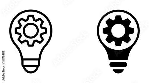 Innovation and process concept: two lightbulb icons, an outline and a solid, each with an internal gear, symbolizing ideas, settings, and solutions.