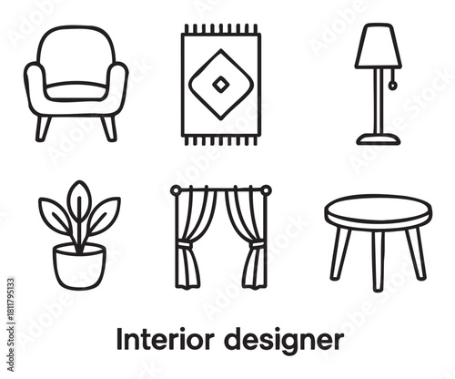 Minimalist set of six black line icons representing interior design elements, including an armchair, rug, lamp, plant, curtains, and table