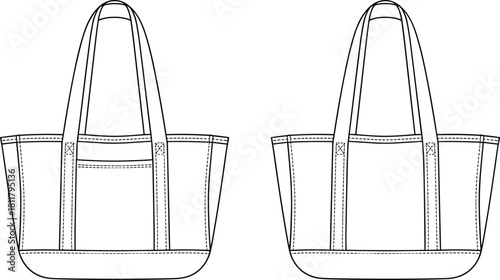 Tote bag CAD drawing, flat vector illustration of handbag design, technical fashion sketch, accessory blueprint, minimalist outline style graphic