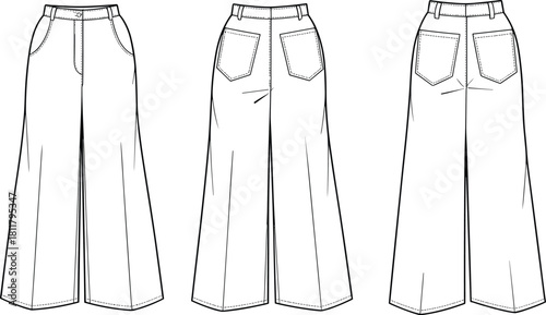 CAD drawing, flat vector illustration of high waist wide leg pants template, front and back technical sketch, fashion apparel design mockup outline