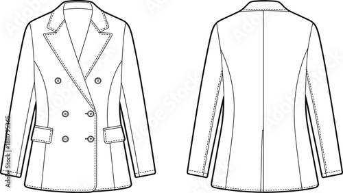 Double-breasted blazer jacket fashion flat sketch, cad drawing vector illustration showing front and back views with buttons, lapels and pocket details