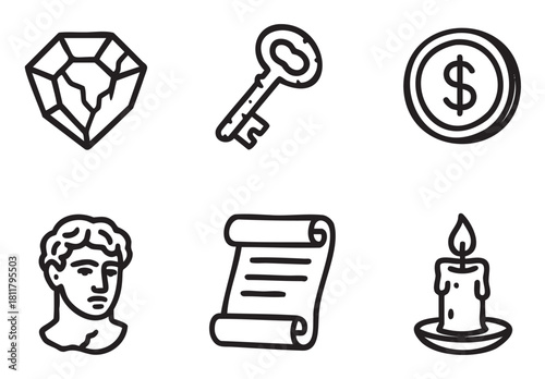 Diverse set of hand-drawn black line art icons representing wealth, history, and knowledge, including a diamond, vintage key, coin, classical bust, scroll, and a lit candle