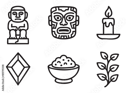 Diverse collection of minimalist black line art icons featuring an ancient idol, tribal mask, candle, gemstone, food bowl, and plant sprig