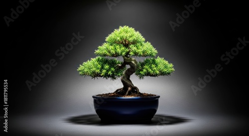 Potted bonsai tree with a twisted trunk, spotlit against dark backdrop