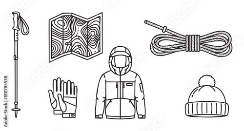 Minimalist vector icon set of winter adventure gear featuring a parka, topographic map, trekking pole, gloves, rope, and beanie hat