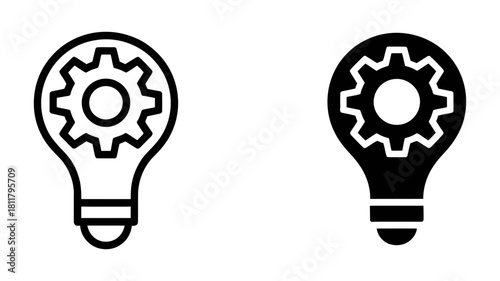 Lightbulb icon with gear symbolizing innovation, ideas, solution development, problem-solving, settings, efficiency, technological progress.