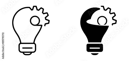 Line art and solid glyph icons depicting a light bulb with an integrated gear, symbolizing innovation, process, and intelligent development.