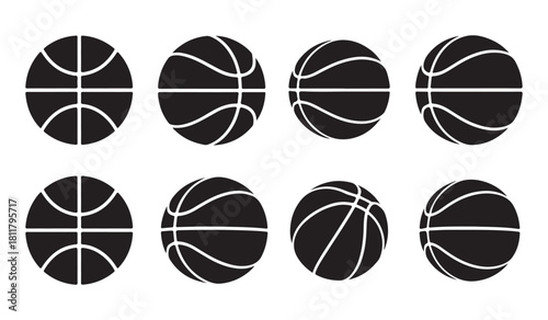 Collection of eight black basketballs in various perspectives and angles on a white background 